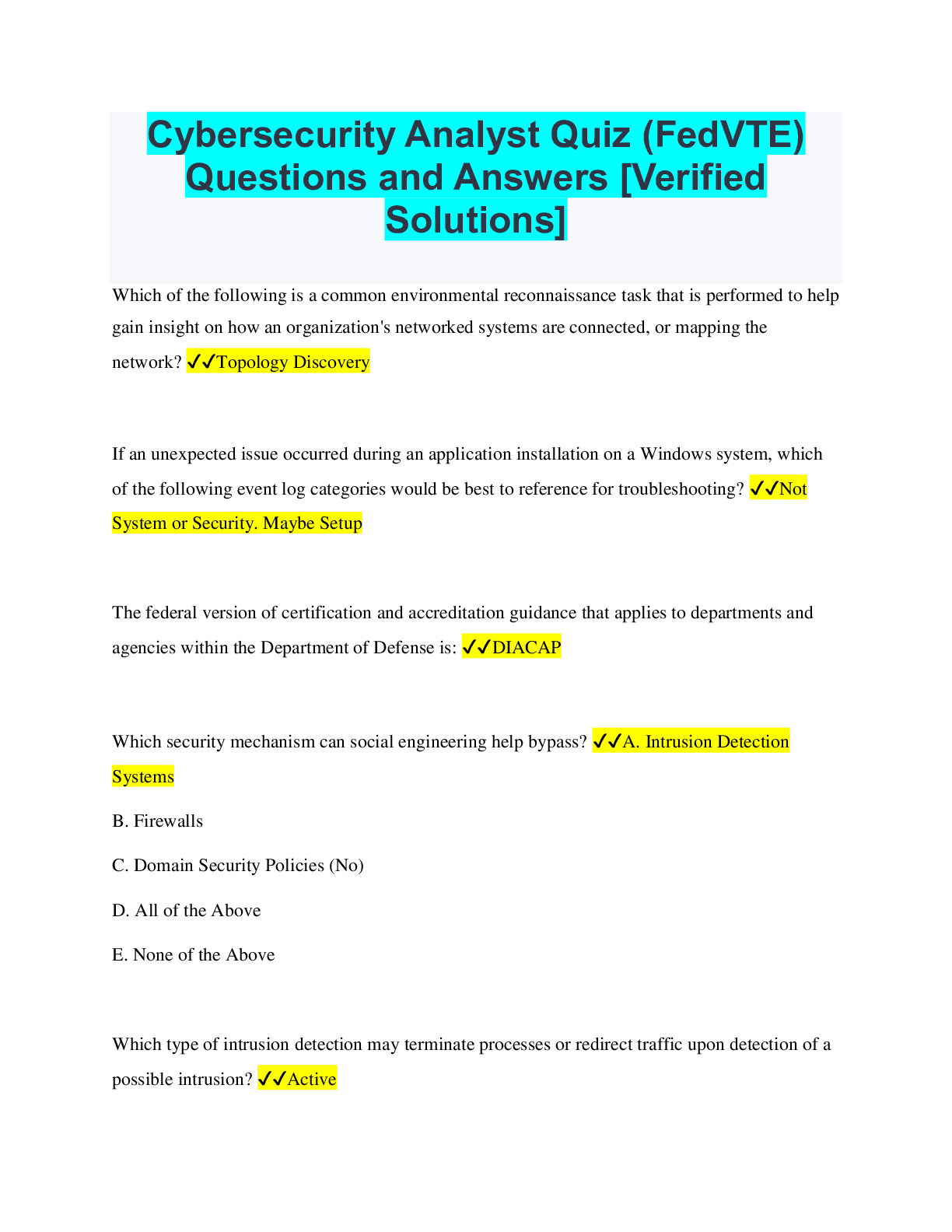 Cybersecurity Analyst Quiz (FedVTE) Questions and Answers [Verified